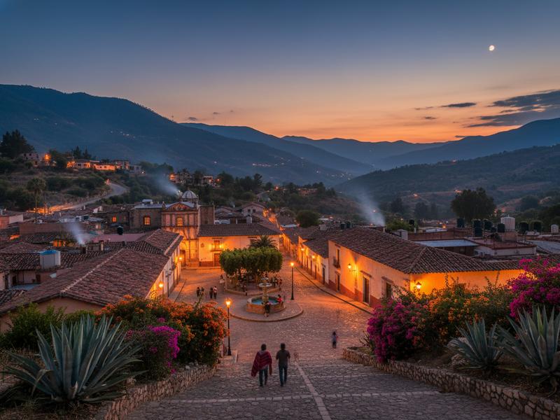 Cool evening in a Mexican mountain town plaza during summer