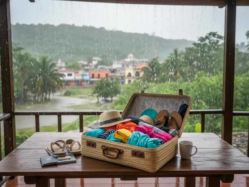 Rain jacket and hiking gear for a cool summer trip in Mexico